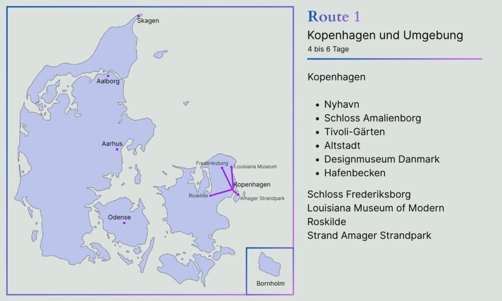Karte zur Route 1 – Kopenhagen und Umgebung