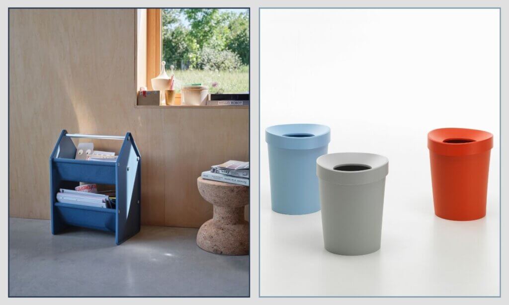Wer im Wartebereich oder am Empfang auf Nachhaltigkeit setzen möchte, ohne auf Gestaltung zu verzichten, wird bei Vitra fündig. Die Drop Box RE ist ein kleiner Alleskönner: Mit praktischem Griff organisiert und transportiert sie Stifte, Kabel, Klammern oder Blöcke – ideal für Rezeption, Behandlungsraum oder Homeoffice-Ecke. Der Happy Bin RE wiederum ist ein Papierkorb mit einer bewusst unregelmäßigen, fast organisch wirkenden Form.