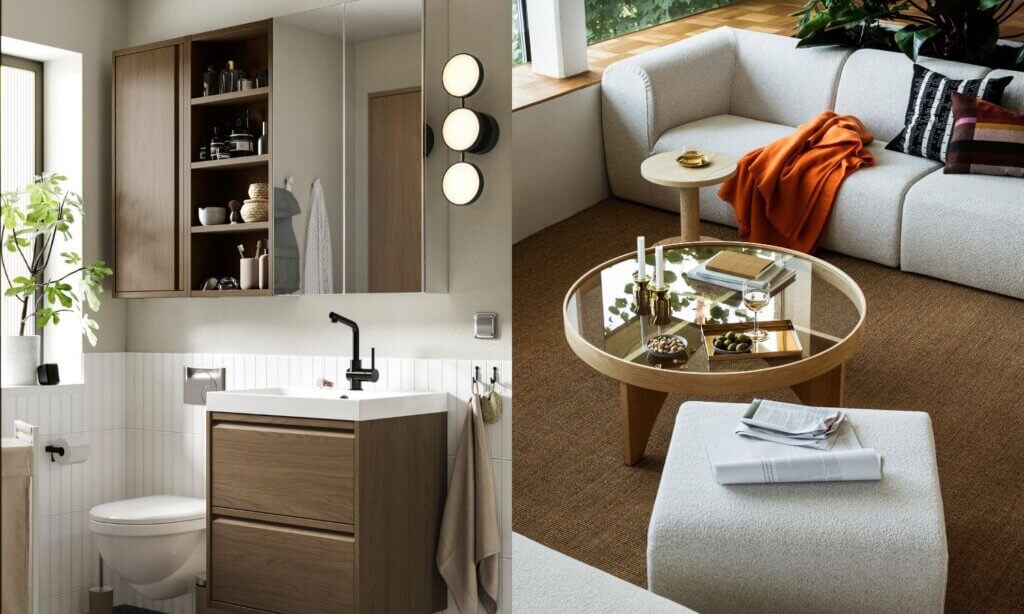 Stockholm 3er-Sofa und Möbel der Ängsjön-Badezimmer-Serie von IKEA. 